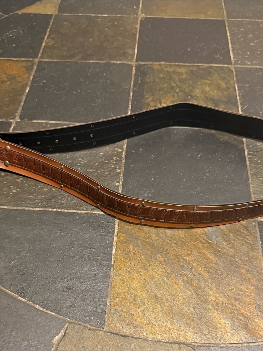 Brown Croc-Embossed Leather Belt with Stud Accents